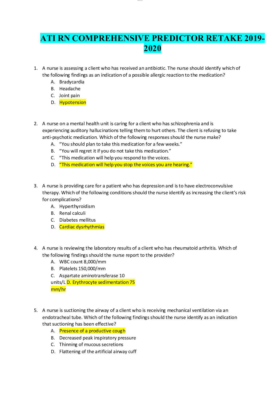 Preview of ATI RN COMPREHENSIVE PREDICTOR RETAKE 2019-2020